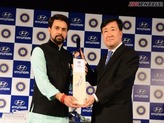 Anurag Thakur, Secretary, Board of control for Cricket (BCCI), and YK Koo, MD & CEO, Hyundai Motor India, in New Delhi