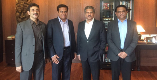Telangana IT Secretary Jayesh Ranjan, IT Minister K T Rama Rao and Industries Secretary Arvind Kumar with Anand Mahindra (3rd from right), CMD, Mahindra Group, in Mumbai