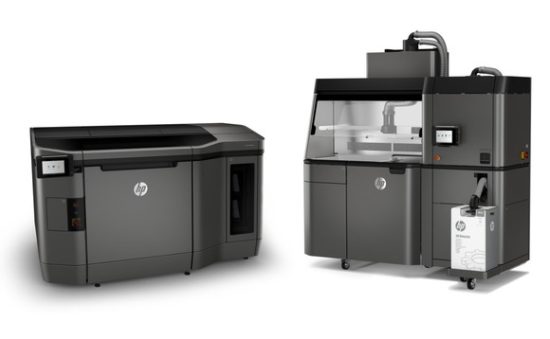 HPs 4200 series Jet Fusion printer (left) and post processing station.