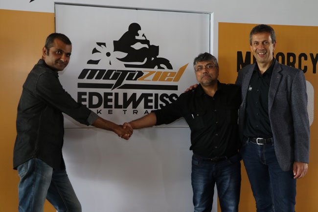L to R: Mr. Biswaroop Banerjee, Co-Founder, ED and CEO, Motoziel Pvt. Ltd.; Mr. Kalyan Mazumder, Co-Founder and MD, Motoziel Pvt. Ltd. and Mr. Rainer Buck, MD, Edelweiss Pvt. Ltd. Motoziel and Edelweiss Bike Travel Announces Joint Venture