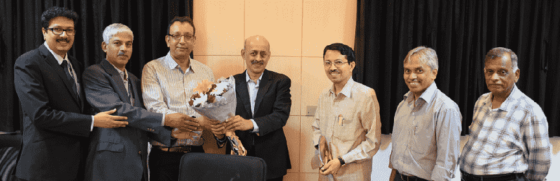 (From left): Mr. Hrishikesh Rao, Mr. Rabi Rout, Mr Gyana Pattnaik, Mr. Krishnmoorthy R. from L&T Technology Services and Prof. Navakanta Bhat, Prof. Rudra Pratap, Prof. S. Mohan from CeNSE, IISc
