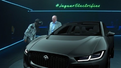 Michelle Rodriquez views the new Jaguar I-PACE Concept in virtual reality at the global reveal of Jaguars first ever fully electric car.