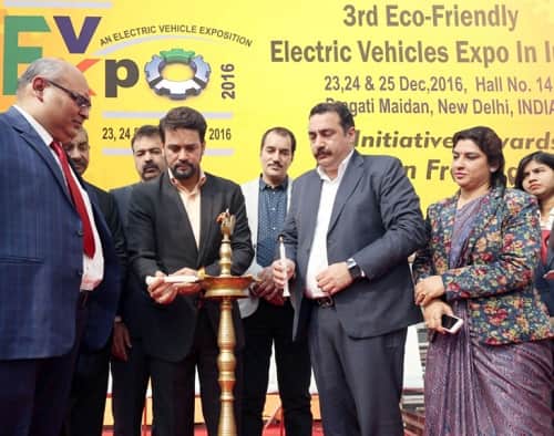 Anurag Thakur, member of Lok Sabha & BCCI President inaugurates 3rd Eco-Friendly Electric Vehicle Expo ‘EV-EXPO’ along with Rajiv Arora, Founder Member Electric Rickshaw Manufacturers Association & Organizer EV-Expo & Anuj Sharma, Chairman, E-Rickshaw Committee, Ministry of Road Transport & Highways.