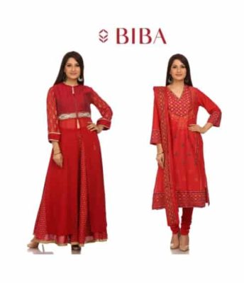 (left) The stylish sheer look kurta with nice embroidery on waistline with golden printed sleeves paired with printed lehenga will be the perfect choice for the occasion. The piece is priced at Rs 4,995. | (right) A-line placement print kurta with extraordinary neckline and colourful contrasting print on the sleeves paired with cotton coordinates will lend an elegant look for the occasion. The piece is priced at Rs 2,199.