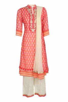 The beautiful double layered kurta with embroidery on neck when paired with matching palazzo and dupatta will lend a perfect look for the occasion. The piece is priced at Rs 2,999.