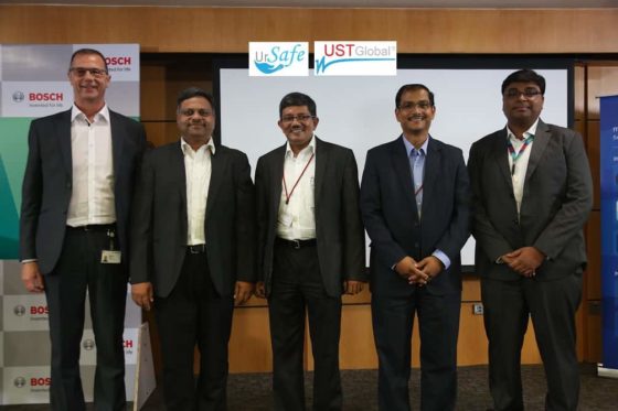  (L-R) Claus Ritzloff, Sales Director, Robert Bosch Engineering and Business Solutions; Sri Krishnan, Vice President, Robert Bosch Engineering and Business Solutions; Gilroy Mathew, GM - APAC, UST Global; Sudhansu Panigrahi, GM & Center Head, Bangalore, UST Global; and Naga Santhosh Kalicheti, Program Manager – App Center Head: India, MENA, Robert Bosch Engineering and Business Solutions