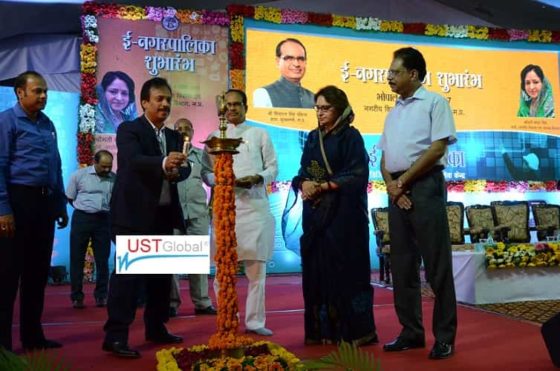 -Nagarpalika was launched at the CM House in Bhopal on 1st April, 2017, by the Chief Minister of Madhya Pradesh, Shri Shivraj Singh Chouhan. Sajan Pillai, CEO, UST Global, addressed the gathering along with Smt. Maya Singh, Minister for Urban Development; Malay Srivastava IAS, Principal Secretary; and Vivek Agarwal IAS, Commissioner, Directorate of Urban Administration & Development.