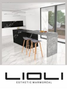 Kitchen by Lioli Ceramica - Statuario Venato on floor, Black Cosmos as backsplash and dining top of Grey William